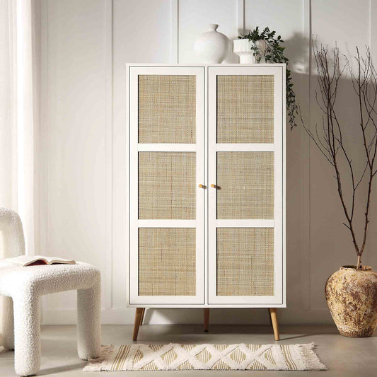 Nordic Woven Rattan Compact Double Wardrobe, White