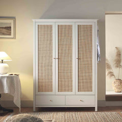 Nordic Rattan Triple Wardrobe with 2 Drawers, White