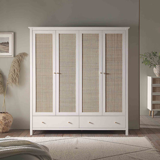 Nordic Rattan 4-Door Wardrobe with 2 Drawers, White