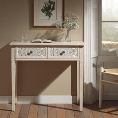 Signature Whitewashed Carved Console/ Dressing Table