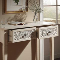 Signature Whitewashed Carved Console/ Dressing Table