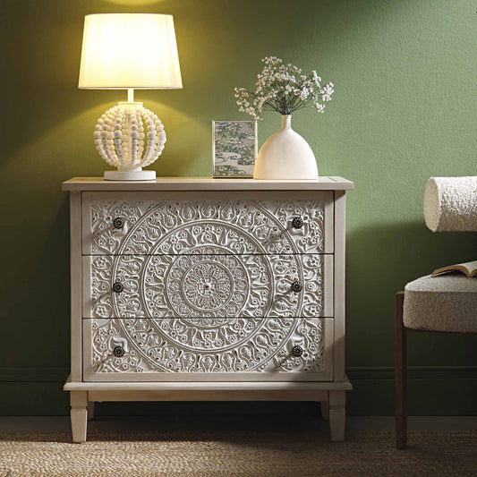 Signature Whitewashed Carved 3 Drawer Chest