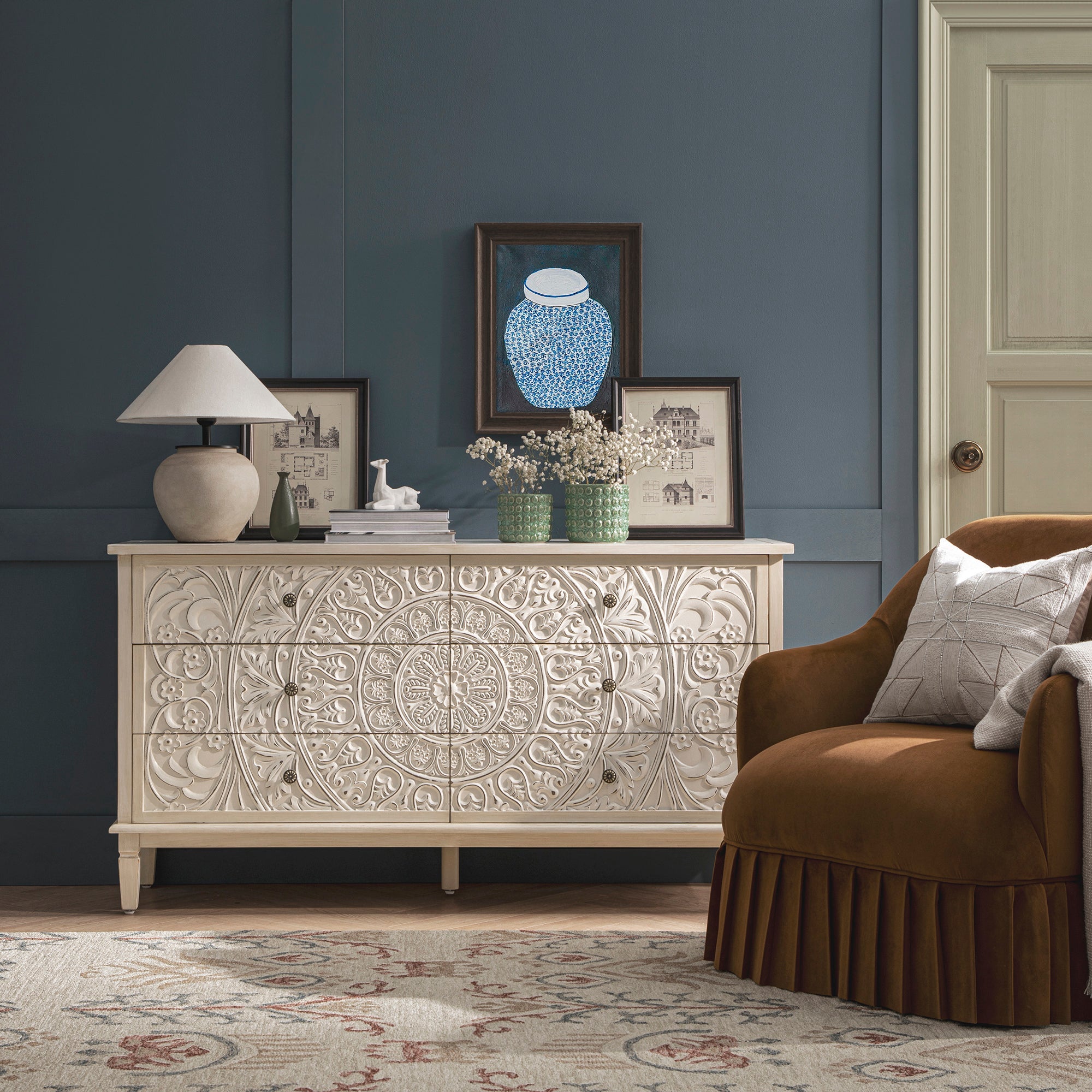 Signature Whitewashed Carved Wide 6 Drawer Chest – tatvaacasa