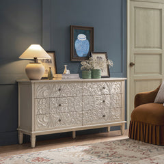 Signature Whitewashed Carved Wide 6 Drawer Chest