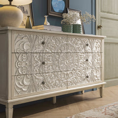 Signature Whitewashed Carved Wide 6 Drawer Chest