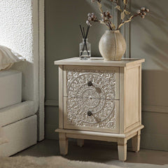 Signature Whitewashed Carved 2 Drawer Bedside Table