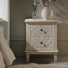Signature Whitewashed Carved 2 Drawer Bedside Table