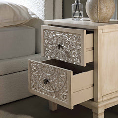 Signature Whitewashed Carved 2 Drawer Bedside Table