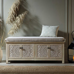 Signature Whitewashed Carved Storage Bench