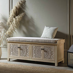 Signature Whitewashed Carved Storage Bench