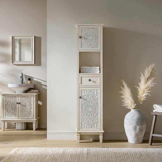 Signature Whitewashed Carved Bathroom Tallboy Cabinet