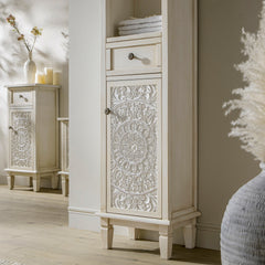 Signature Whitewashed Carved Bathroom Tallboy Cabinet