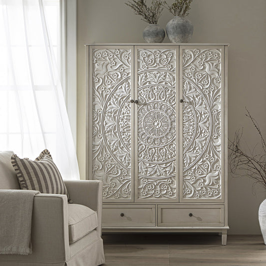 Signature Whitewashed Carved Triple Wardrobe