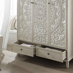 Signature Whitewashed Carved Triple Wardrobe