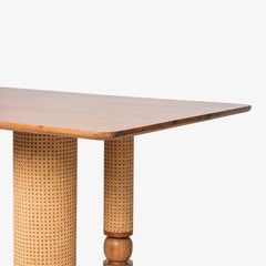 Tatvaacasa Handcrafted Solid Wood Dining Table with Rattan Wrapped Cylindrical Legs