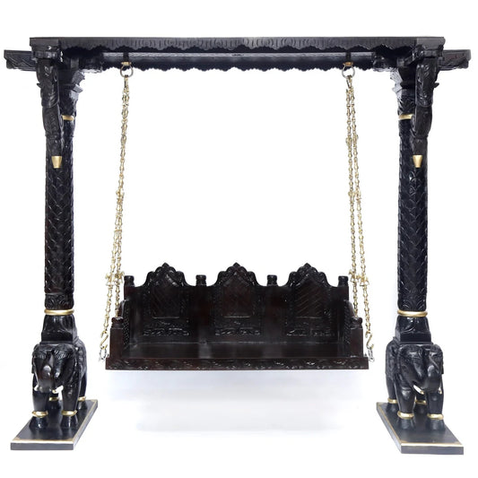 Wooden Brass Chain Carved Elephants pillar Swing