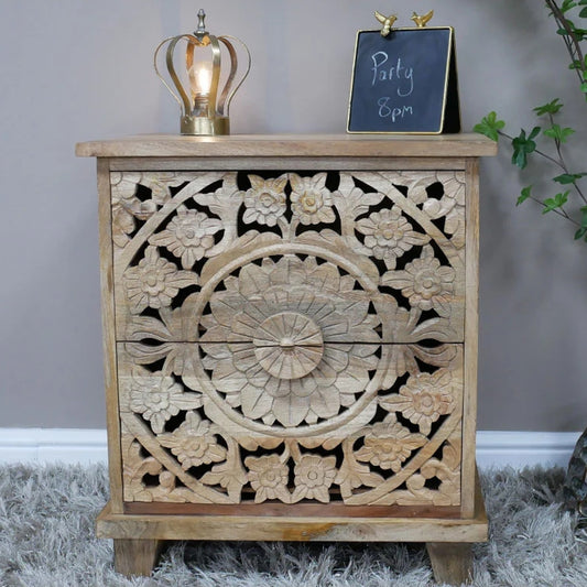 Solid Mango Wood Mandala Carved 2 Drawer Bedside Cabinet