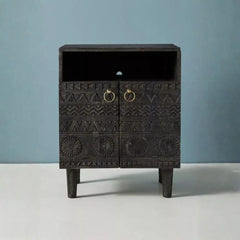 Black Hand-Carved Wooden Bedside Table
