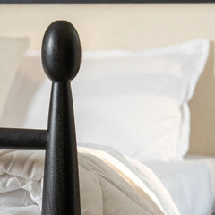 Solid Wood Bed with Upholstered Headboard | Modern Wooden Bed Frame for Bedroom