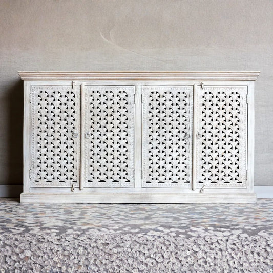 Hand Carved Solid Wooden Sideboard Whitewash