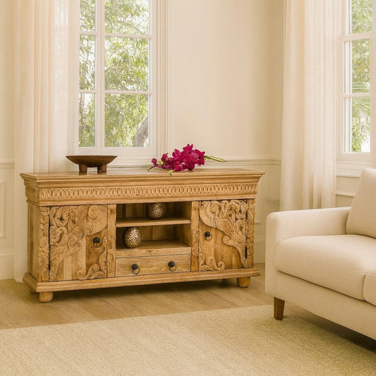 Natural Hand-Carved Mango Wood Tv Unit