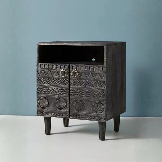 Black Hand-Carved Wooden Bedside Table