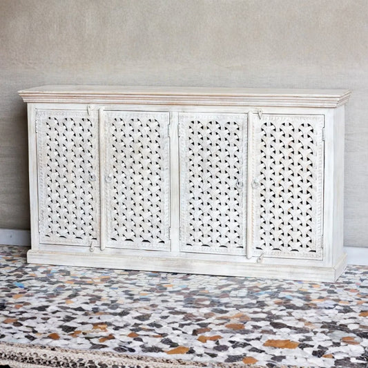 Hand Carved Solid Wooden Sideboard Whitewash