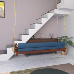 Wooden Swing with Blue Cushions
