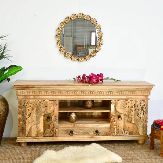 Natural Hand-Carved Mango Wood Tv Unit