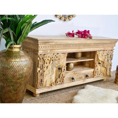 Natural Hand-Carved Mango Wood Tv Unit