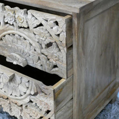 Solid Mango Wood Mandala Carved 2 Drawer Bedside Cabinet