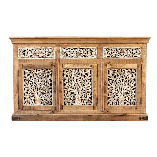 Hand Carved Solid Wooden Sideboard Whitewash