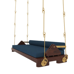 Wooden Swing with Blue Cushions