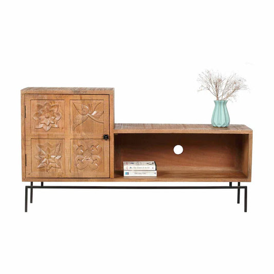 Tatvaacasa Hand-Carved Solid Wood TV Unit with Storage Cabinet & Open Shelf