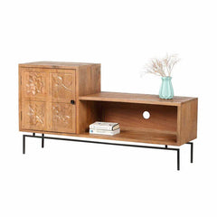 Tatvaacasa Hand-Carved Solid Wood TV Unit with Storage Cabinet & Open Shelf