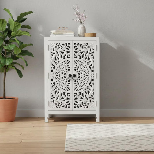 Carved Mango Wood Cabinet, White Boho Nightstand