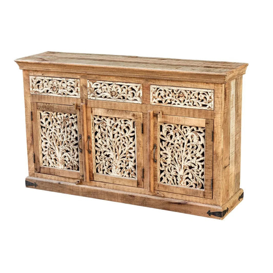 Hand Carved Solid Wooden Sideboard Whitewash