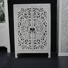 Carved Mango Wood Cabinet, White Boho Nightstand