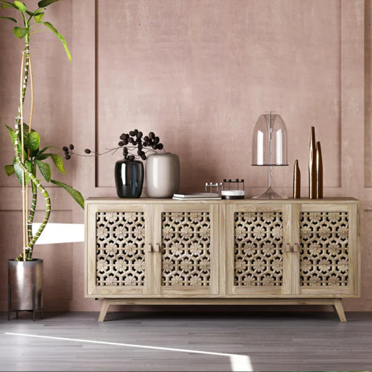 Solid Mango Wood Hand Carved Sideboard & Cabinet