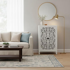 Carved Mango Wood Cabinet, White Boho Nightstand