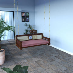 Wooden Swing with Cane Backrest and Cushioned Seating
