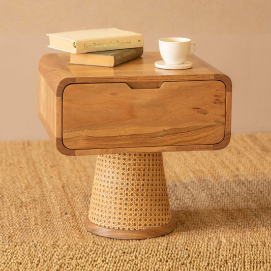 Tatvaacasa Solid Acacia Wood Bedside Table with Rattan Cane Webbing