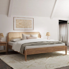 Solid Wood Bed with Cane Webbing Headboard – Natural Finish Wooden Double Bed for Bedroom