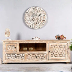 Hand‑Carved Solid Mango Wood TV Unit