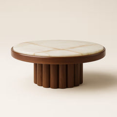 Round Walnut Finish Marble Top Coffee Table