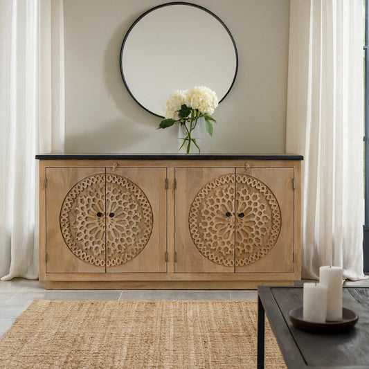 Carved Acacia Wood Sideboard with Black Marble