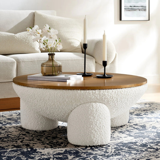 Tatvaacasa Round Upholstered Storage Coffee Table in Natural Ivory