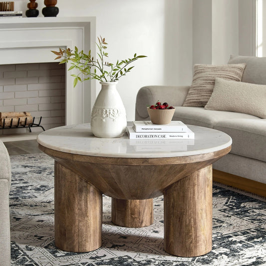 Tatvaacasa 33" Round Wood Coffee Table With Marble Top in Walnut
