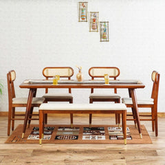 Tatvaacasa 6-Seater Solid Wood Dining Table Set with Cushioned Chairs & Bench