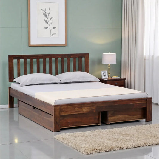 Solid Sheesham Wood Queen Size Bed With Storage Drawers